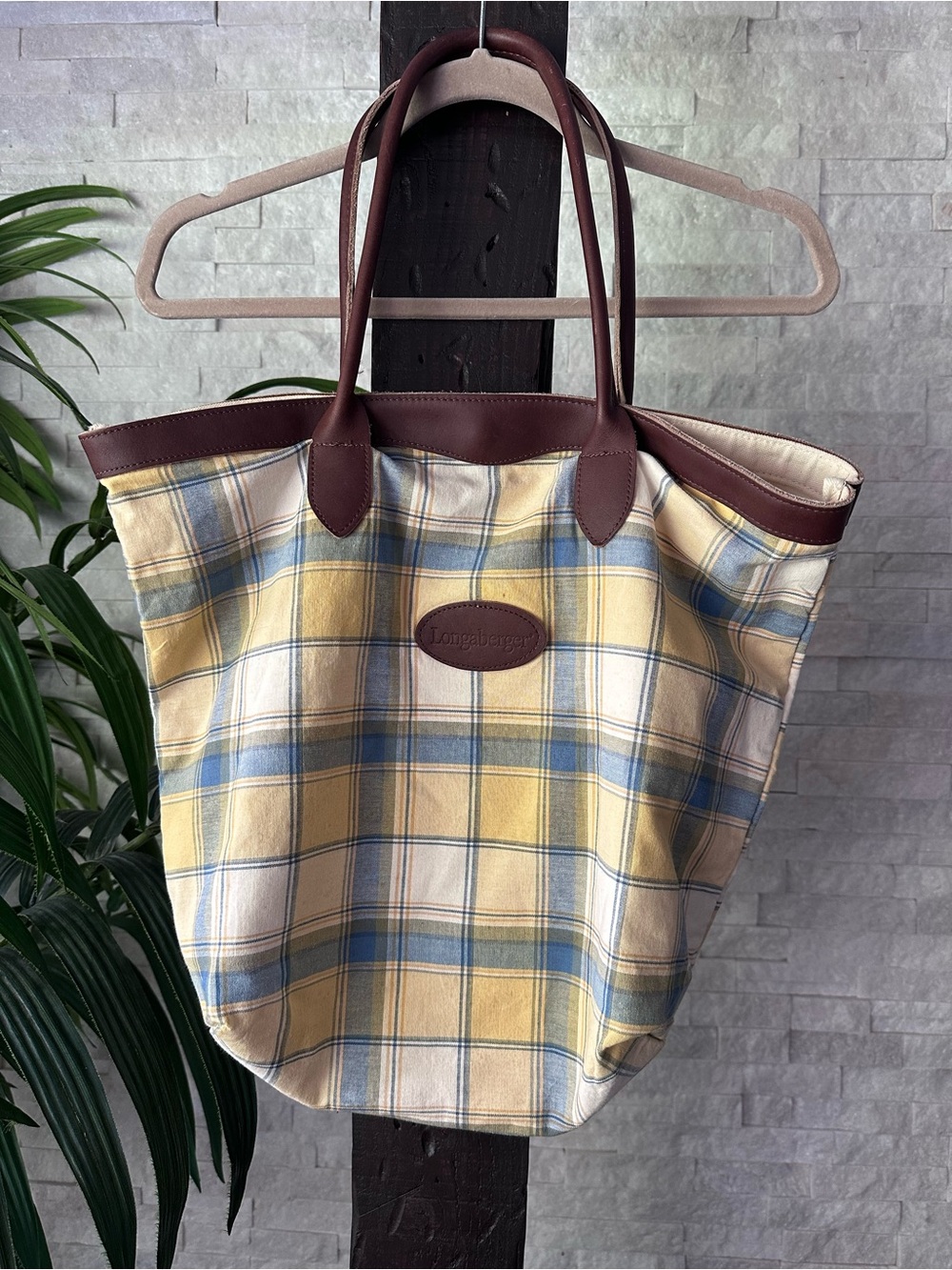 Longaberger Vintage Yellow and Blue Plaid Canvas Tote with Brown Leather Trim